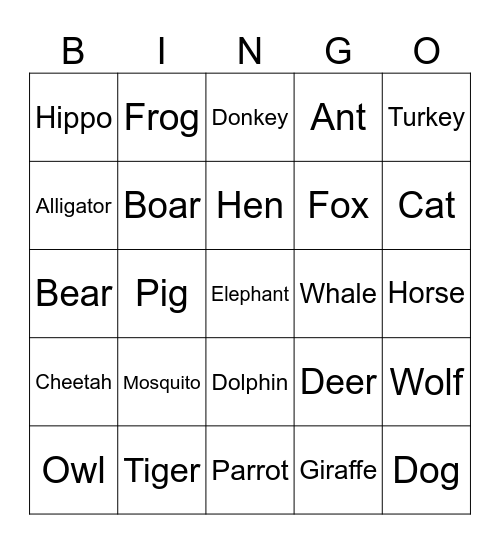 Animals Bingo Card