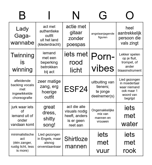 Eurovisie Songfestival 2024 Bingo Card