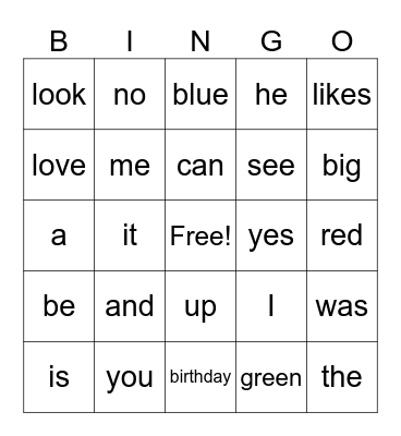 Sight Words Bingo Card