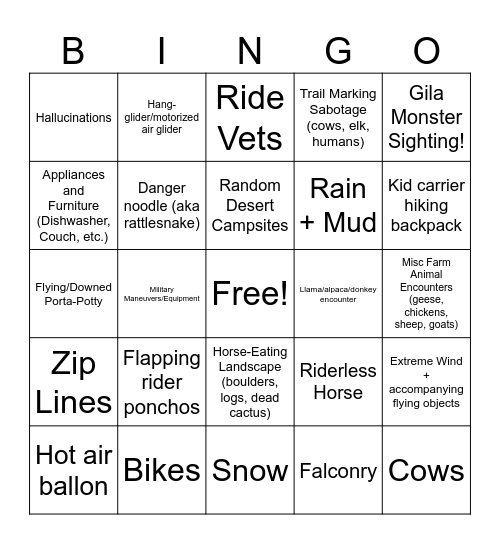 Endurance Riding Bingo Card