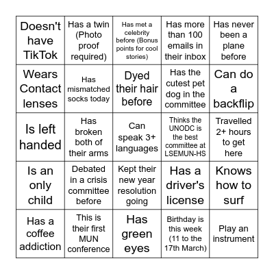 UNODC LSEMUN 2024 Bingo Card