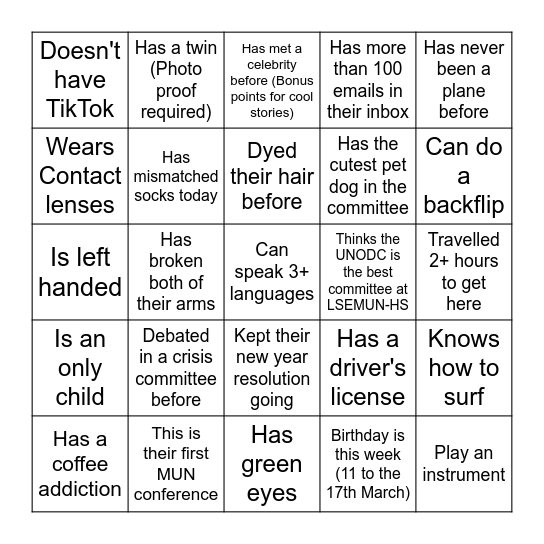 UNODC LSEMUN 2024 Bingo Card