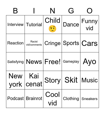 Yt shorts Bingo Card