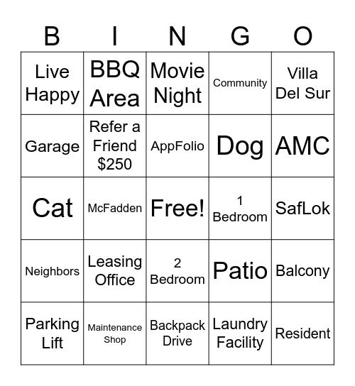 Villa Del Sur Bingo Card