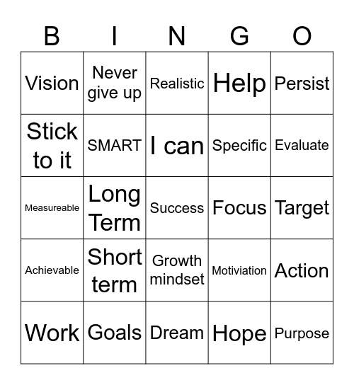 Goal Setting Bingo Card