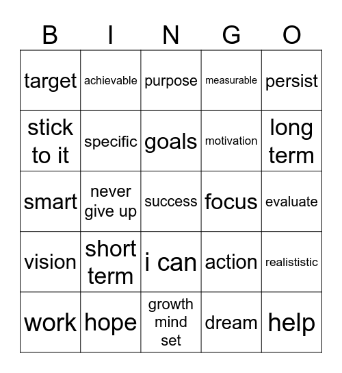 goal setting bingo Card