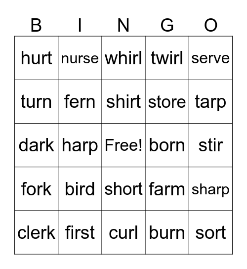 Bossy R Bingo Card