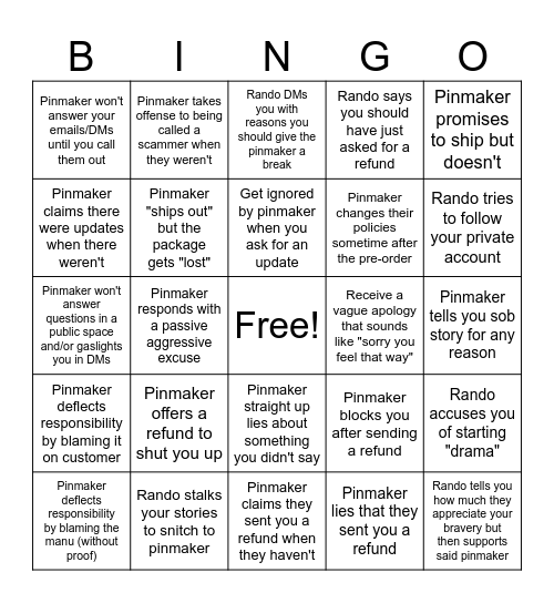 When Pinmakers Gaslight Bingo Card