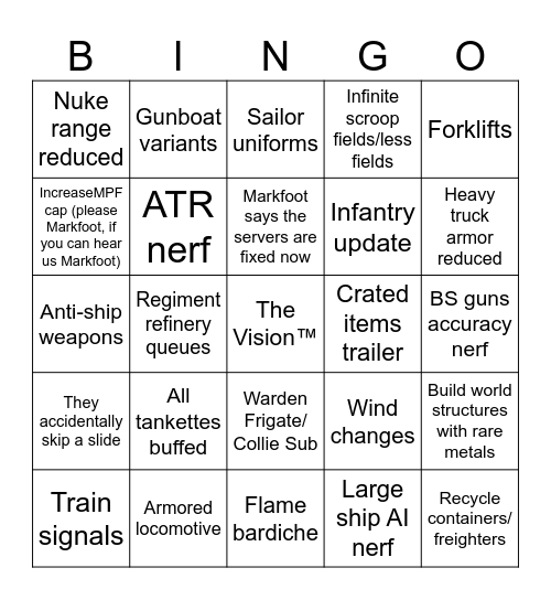 Foxhole Devstream: Update 56 Bingo Card