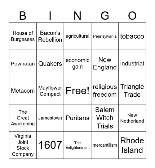 Colonization Bingo Card