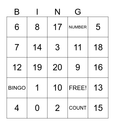 Counting from 0-20 BINGO Card