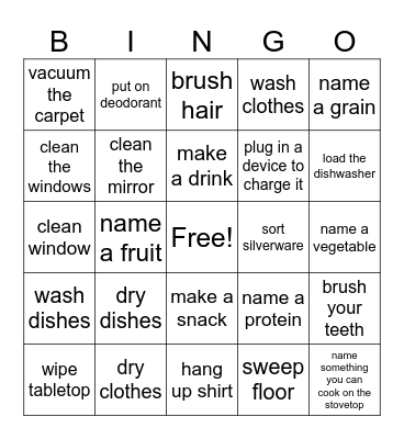 Daily Living Skills Bingo Card