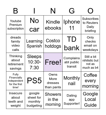 Tina 27 y/o Bingo Card