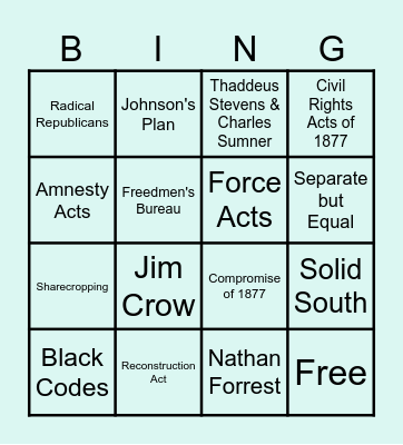 American Reconstruction Bingo Card