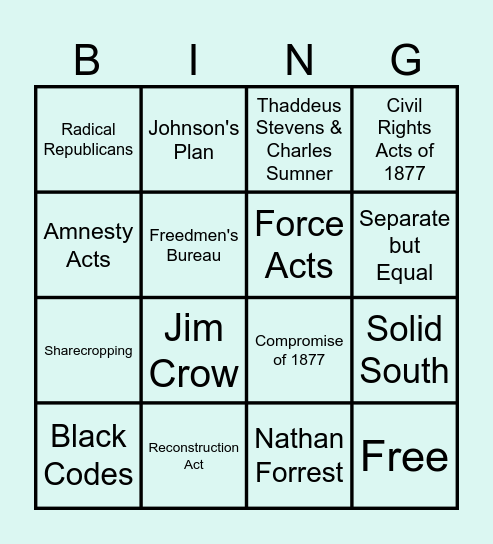 American Reconstruction Bingo Card