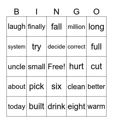 Grade 3 Bingo Words Bingo Card