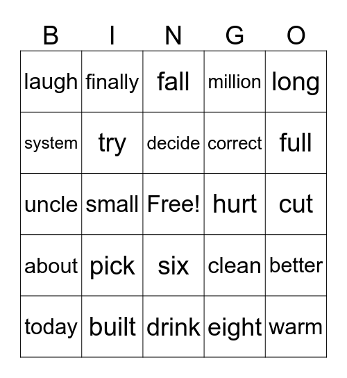 Grade 3 Bingo Words Bingo Card
