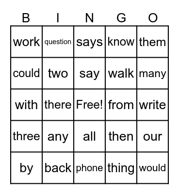 Sight Words Bingo - S2 - 1 Bingo Card