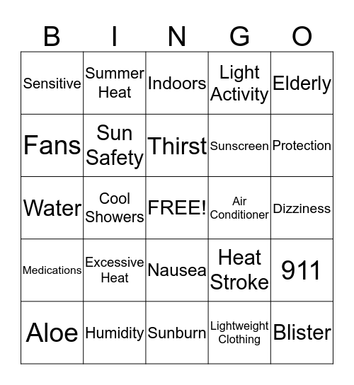 Sun Safety Bingo Card