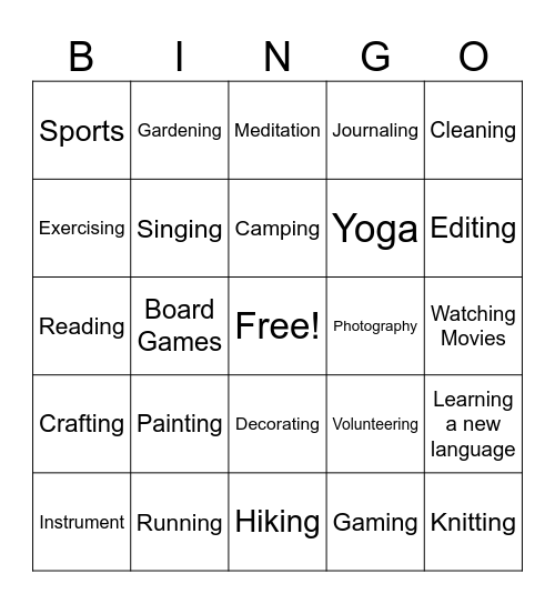 Binhi Hobbies Bingo Card