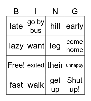 Vocabulary Unit 3 Bingo Card