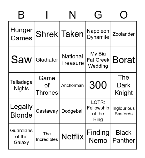 Pop Culture BINGO Card