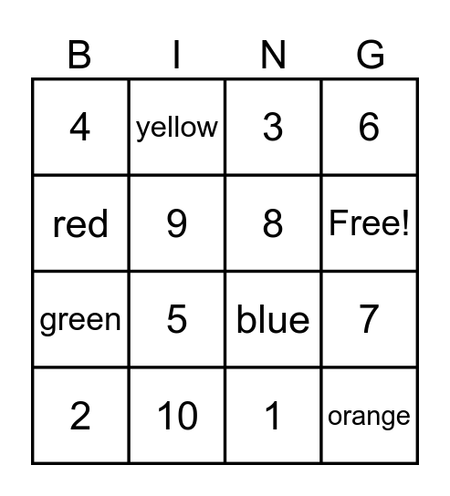 Numbers & Colours Bingo Card