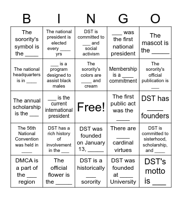 Delta Sigma Theta Sorority, Inc. Bingo Card