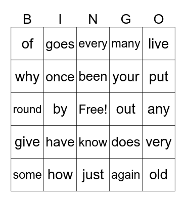Lexia Sight Words Bingo Card