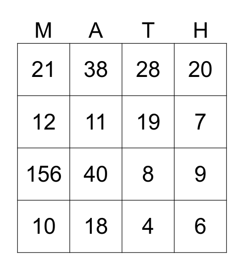 MATH-O Bingo Card
