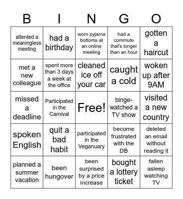 Since the New year's eve have you... Bingo Card
