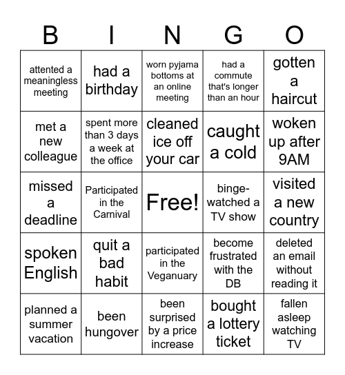 Since the New year's eve have you... Bingo Card