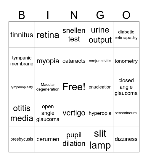 NEUROSENSORY Bingo Card