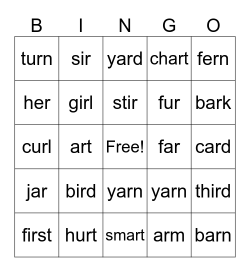 1st Grade Bossy -R Bingo Card