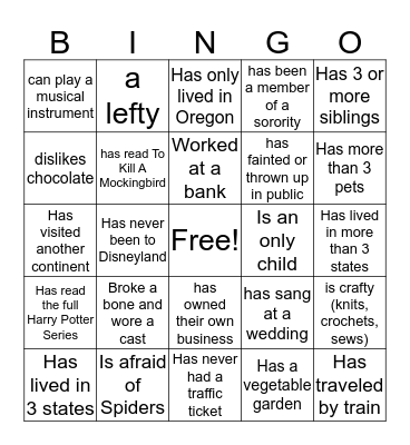 Get to know you Bingo... find someone who Bingo Card