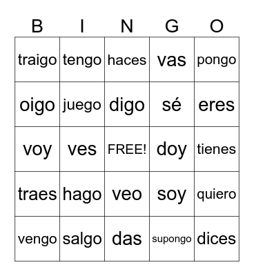 Verbs with Irregular "YO" forms Bingo Card