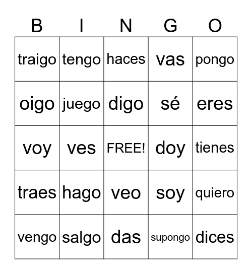 Verbs with Irregular "YO" forms Bingo Card