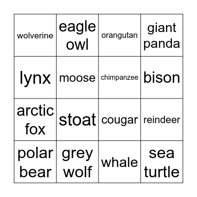 Wild Animal Bingo Card
