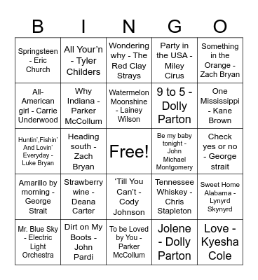 FFA Song BINGO Card