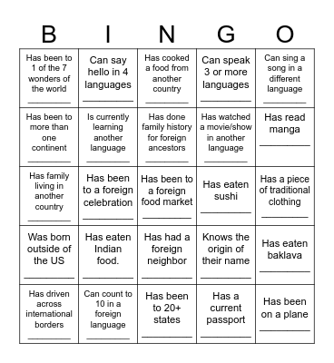 Foreign Language Week Bingo Card