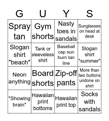 Summer Attire Bingo Card