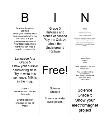 Grade 5 Celebration of Learning Bingo Card