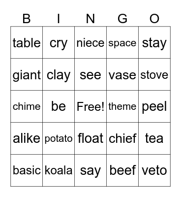 Long Vowel Sounds Bingo Card
