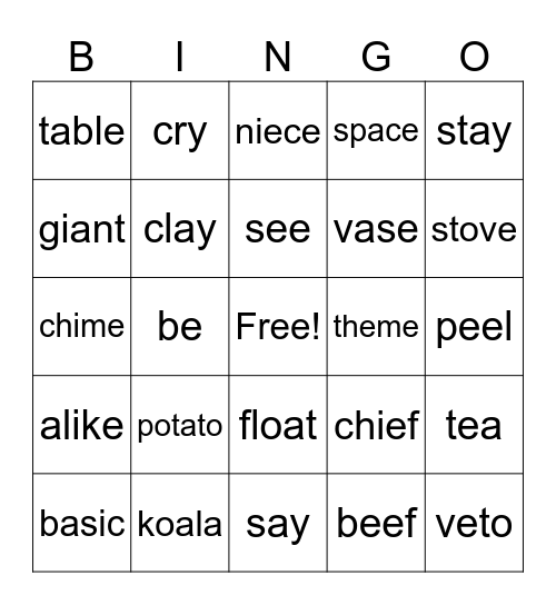 Long Vowel Sounds Bingo Card