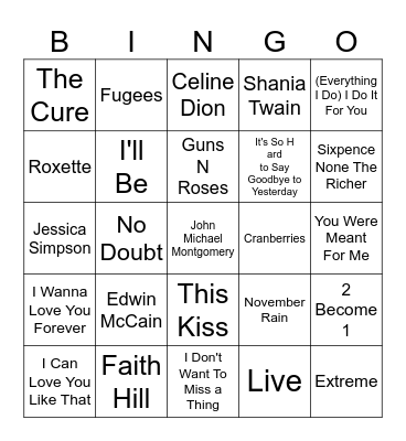 90's Love Songs Sing Along Version (No Mariah, No Whitney!!) Bingo Card