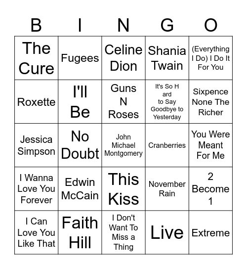 90's Love Songs Sing Along Version (No Mariah, No Whitney!!) Bingo Card