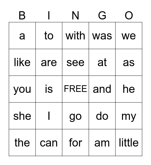 Kindergarten Sight Word BINGO #1 Bingo Card
