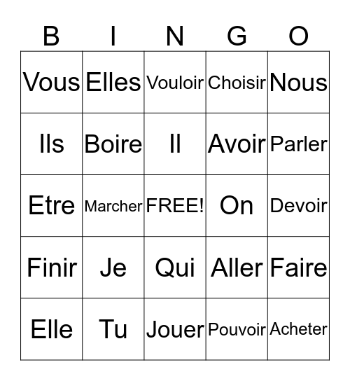 Les verbes et pronoms Bingo Card