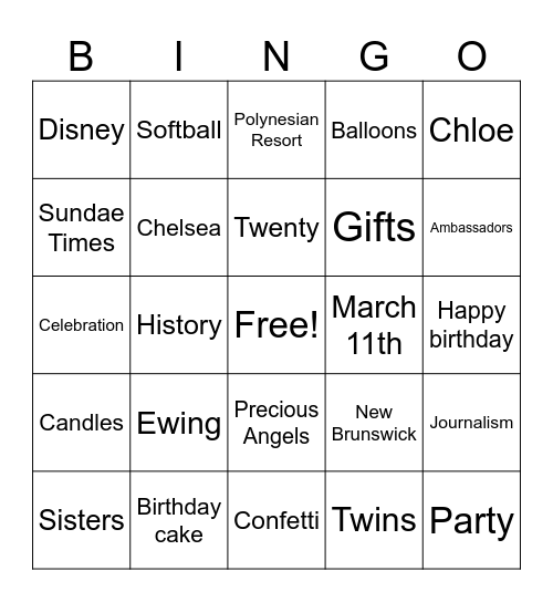 Chelsea & Chloe's 20th Birthday Bingo Card
