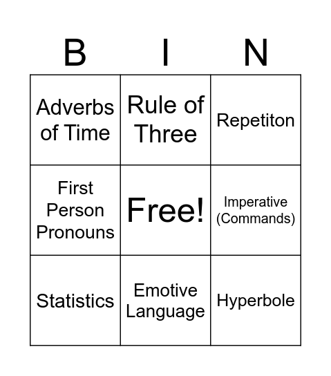 Persuasive Language Bingo Card